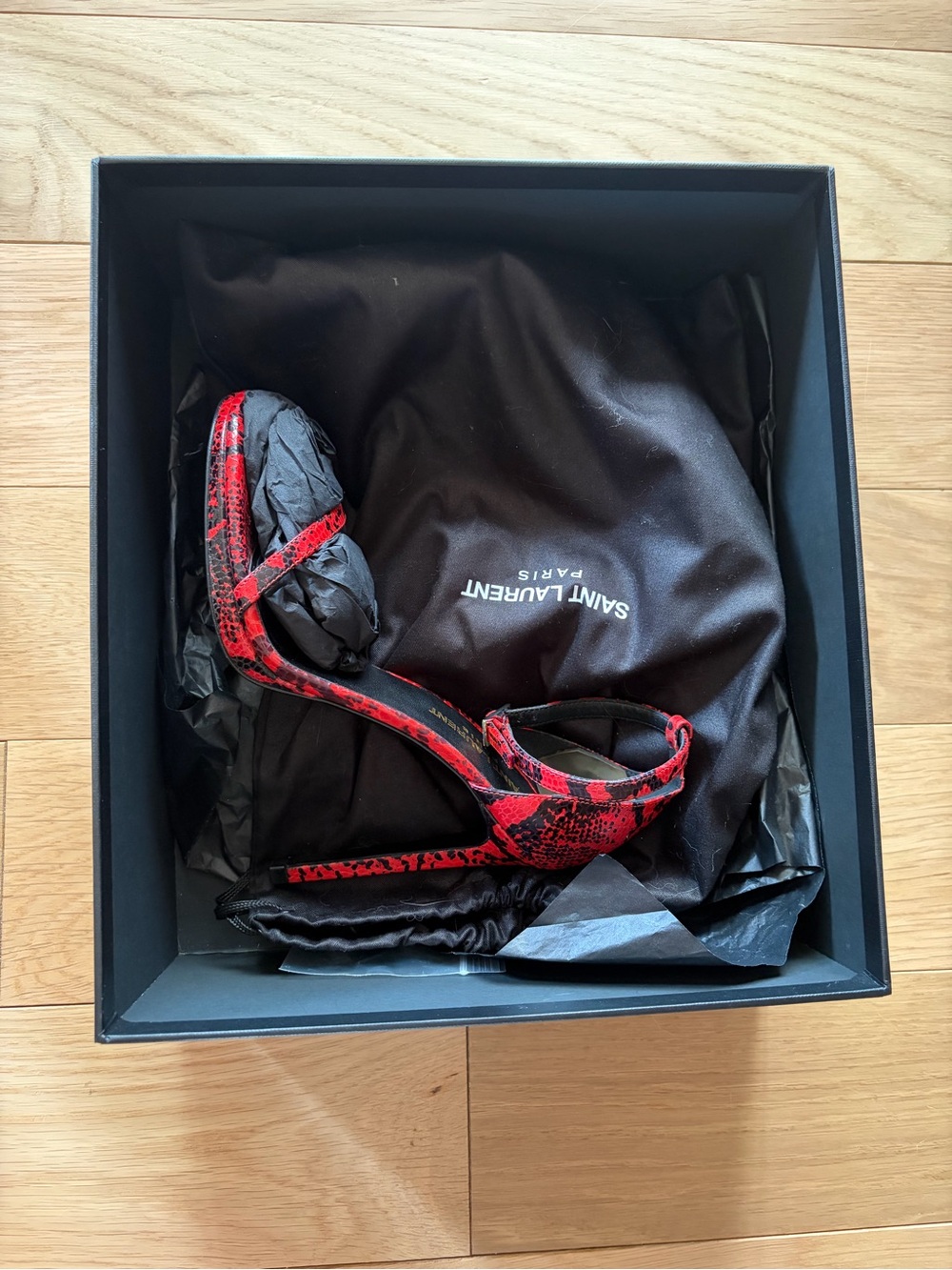 Saint Laurent Red Snake-Print Stiletto Sandals with Ankle Strap - Picture 3 of 3